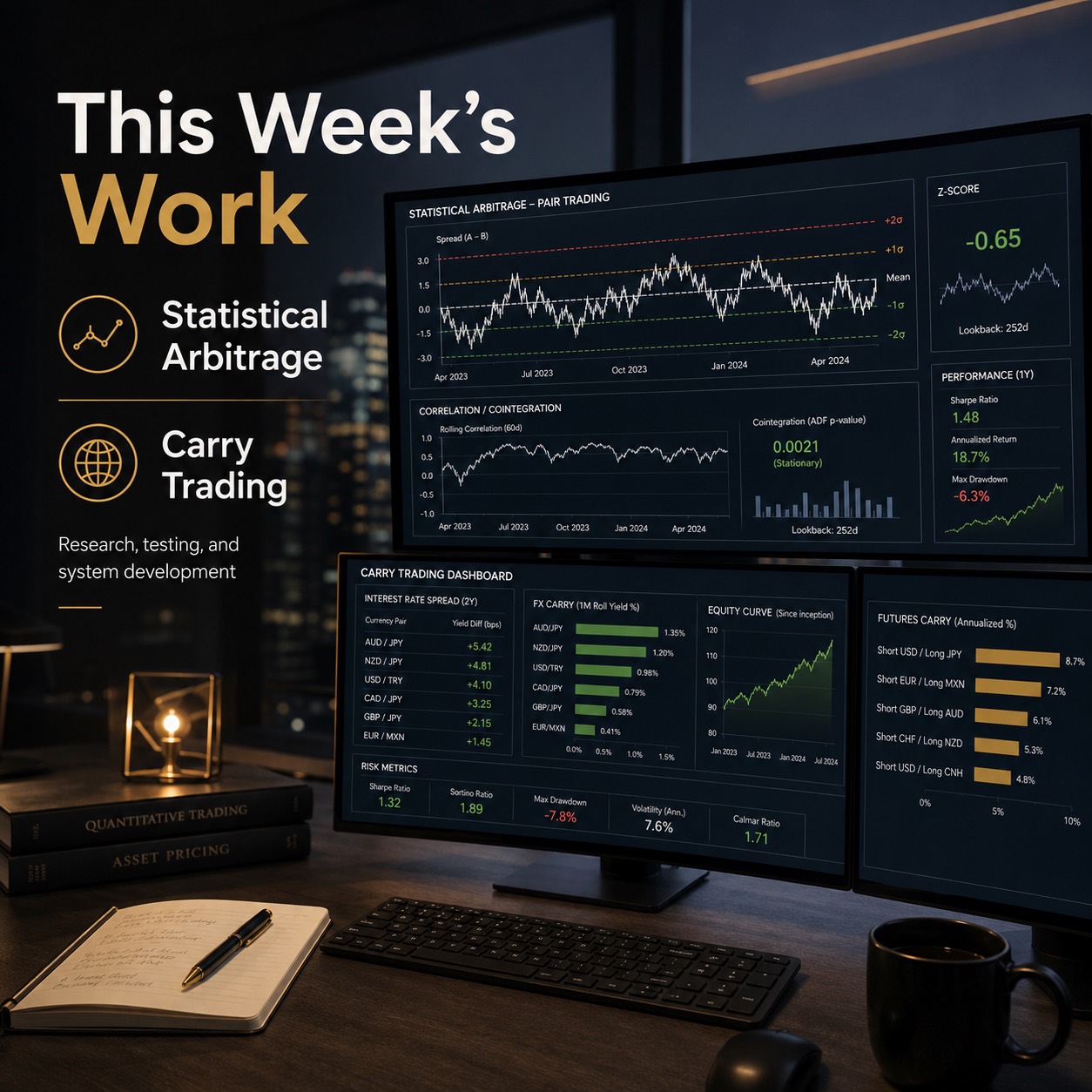 This week's Penfjell research dashboard covering statistical arbitrage and carry trading
